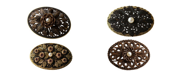 Fototapeta premium Collection of four vintage oval brooches with intricate filigree carving and central pearls.