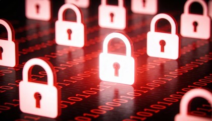 Glowing Red Digital Padlocks on Dark Binary Code Background. Cyber Security Ransomware Attack and Malware Virus Concept. Hacker Threat and System Lock Technology 3D Illustration.