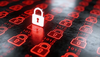 Glowing Red Digital Padlocks on Dark Binary Code Background. Cyber Security Ransomware Attack and Malware Virus Concept. Hacker Threat and System Lock Technology 3D Illustration.