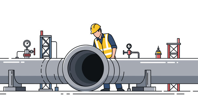 An industrial worker in safety vest and hard hat carefully inspecting a section of a large, heavy-duty pipeline.