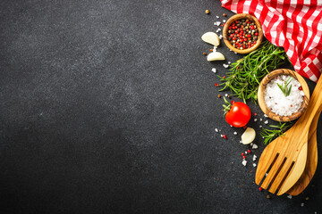 Healthy food, cooking background on black.