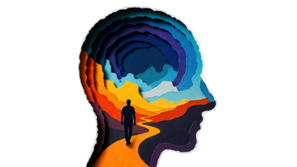 Silhouette of a person walking on a path through a layered colorful abstract landscape within a human head profile isolated on transparent