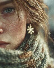 Girl with a Winter Jewelry  Snowflake Earrings and Warm Glow