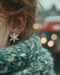 Snowflake Earrings with Cozy Knitted Scarf and Winter Lights