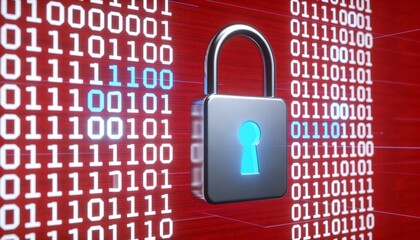 Red Cyber Security Shield with Padlock Icon on White Binary Code Background. 3D Illustration of Data Protection, Internet Privacy and Network Safety. Warning or Alert Technology Concept.