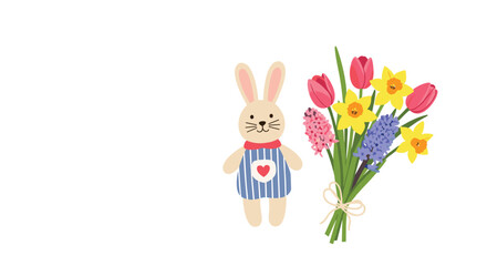 Obraz premium A delightful scene featuring a charming bunny plush toy alongside a vibrant bouquet of colorful spring flowers, perfect for Easter or gifts.