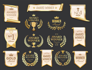 Top rated award winner and premium quality golden badge and emblem collection stock illustration 