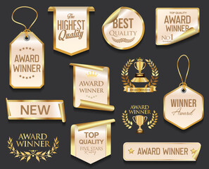 Top rated award winner and premium quality golden badge and emblem collection stock illustration 