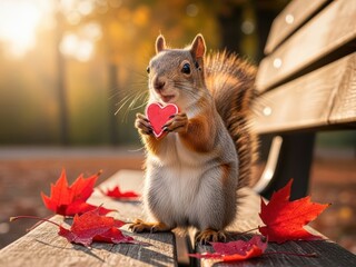 Naklejka premium Cute squirrel holding a red heart shape on a park bench surrounded by autumn leaves
