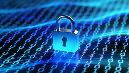 3D Illustration of Metal Padlock on Glowing Blue Binary Code Wave Background. Cyber Security, Data Encryption and Internet Privacy Protection Concept. Digital Network Safety Technology.