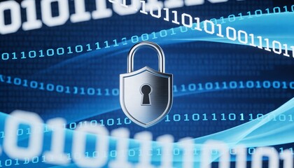 3D Illustration of Metal Padlock on Glowing Blue Binary Code Wave Background. Cyber Security, Data Encryption and Internet Privacy Protection Concept. Digital Network Safety Technology.