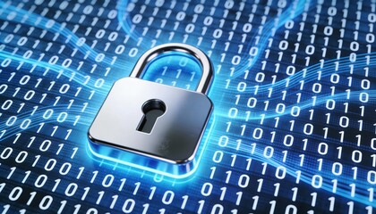 3D Illustration of Metal Padlock on Glowing Blue Binary Code Wave Background. Cyber Security, Data Encryption and Internet Privacy Protection Concept. Digital Network Safety Technology.