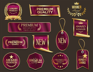 Top rated award winner and premium quality golden badge and emblem collection stock illustration 