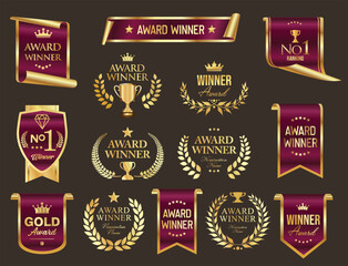 Top rated award winner and premium quality golden badge and emblem collection stock illustration 