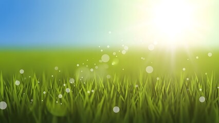 Obraz premium A fresh green grass landscape features morning dew and a bright sun shining over a spring meadow field under a blue summer sky, creating a beautiful nature background illustration for the environment