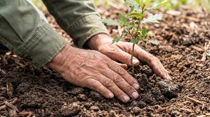 Close-up of a senior man's weathered hands planting a small green oak tree sapling in rich, dark garden soil.