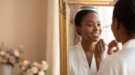 Beautiful Black bride in a white robe getting ready for her wedding, applying lipstick while looking at her reflection in a gold mirror.