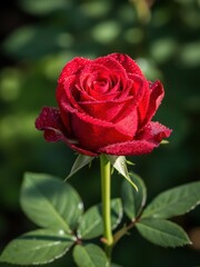 Fototapeta premium Single vibrant red rose with water droplets glistening in the morning sun