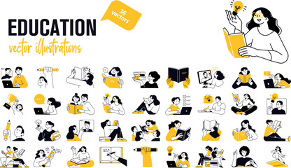 Fototapeta premium Vibrant Education and E Learning Character Set 36 Modern Vector Illustrations for Academic Presentations, Online Courses and Professional Training Materials