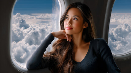 Young woman gazing dreamily through airplane window at clouds during flight