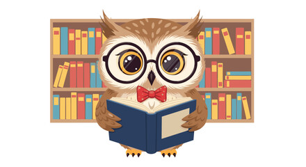 Obraz premium A wise cartoon owl wearing eyeglasses and a bow tie, deeply engrossed in reading a book in front of a colorful bookshelf, symbolizing education and knowledge.