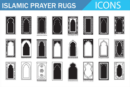 Ramadan and Salah prayer rug mihrab icons set for religious UI and print design