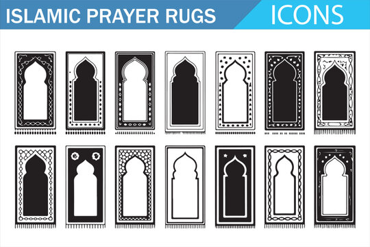Black and white Islamic prayer rug mihrab icons set for Muslim worship and Ramadan design