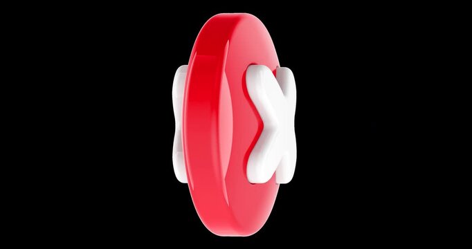 Glossy red cancel button icon rotation animation seamlessly loopable. 3D rendering isolated on transparent background