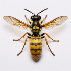 Digital illustration of a yellow jacket wasp with spread wings and striped abdomen on white background