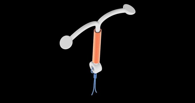 Intrauterine Contraceptive Device. Non-hormonal Copper T-shaped IUD with removal string rotation animation seamlessly loopable. 3D rendering isolated on transparent background