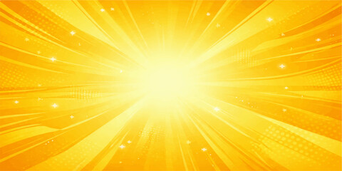 Abstract orange vector background featuring a bright sunburst of yellow rays and glowing sunlight illustration for a warm summer sunrise wallpaper design © Md