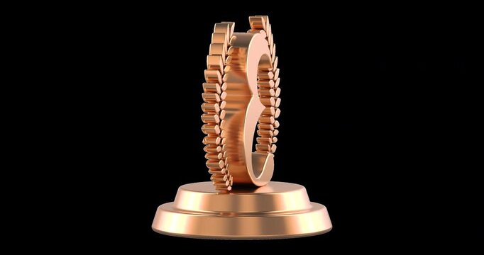 Golden third place trophy with laurel wreath rotation animation seamlessly loopable. 3D rendering