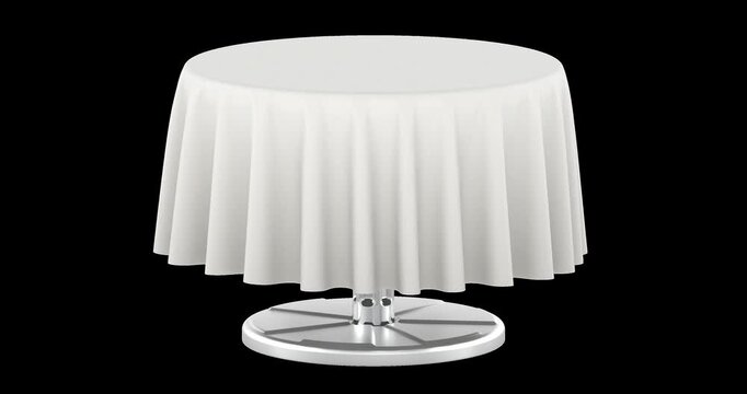 Round table with white tablecloth rotation animation seamlessly loopable. 3D rendering isolated on transparent background