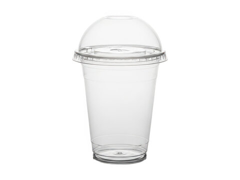 Transparent plastic takeaway cup with dome lid for cold beverages isolated on transparent base