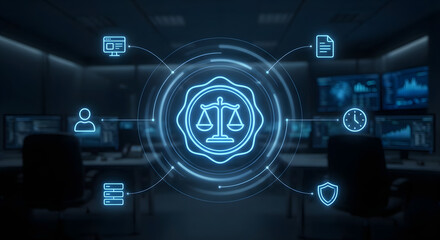 Obraz premium digital law and justice concept with neon glowing scales of justice icon in dark modern office or data center for legal technology regulatory compliance and cyber crime law
