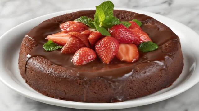 Delicious chocolate cake topped with fresh strawberries and mint leaves, elegantly presented on a white plate, offering a visual treat for dessert enthusiasts.
