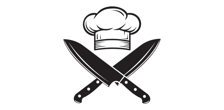 Expert chef culinary art design professional kitchen tools cooking gastronomy icon crossed sharp knives hat restaurant