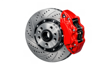 Automotive disc brake assembly featuring a drilled and slotted rotor with a vibrant red caliper, high performance stopping power on transparent background