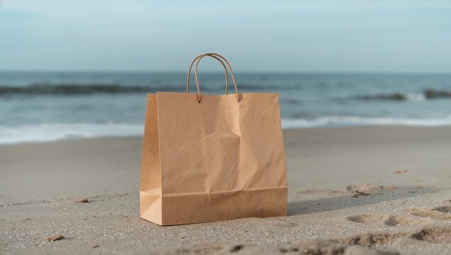 Brown Paper Bag on Sandy Beach Near Ocean Water During Sunny Day With Clear Sky