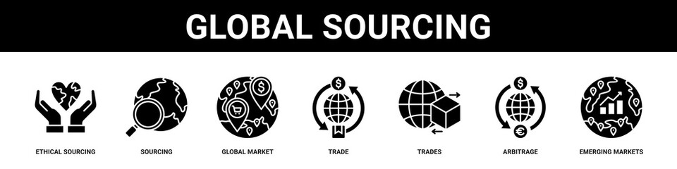 Global Sourcing web banner icon set collection solid style.
