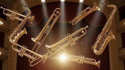 Naklejka premium Golden Brass Instruments Arranged on a Spotlighted Stage with Red Velvet Curtains