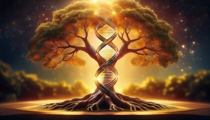 golden light bathes a majestic tree with an integrated dna helix a powerful visual symbolizing the deep roots of science and the path to a healthy life