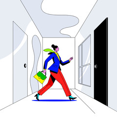 Obraz premium Businesswoman walking confidently in a hallway holding a briefcase 
