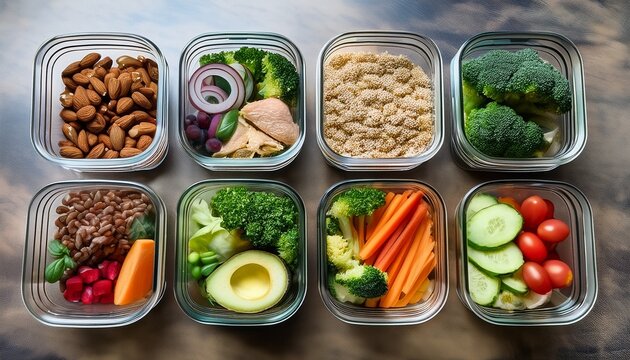 organized healthy meal prep perfectly portioned containers with fresh proteins grains and vegetables for a balanced convenient nutritious diet