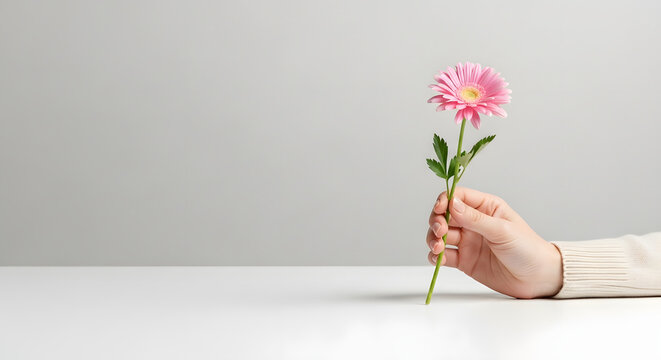 Hand holding a pink gerbera daisy flower against a plain gray background with a clean white tabletop providing a minimalist aesthetic and ample copy space