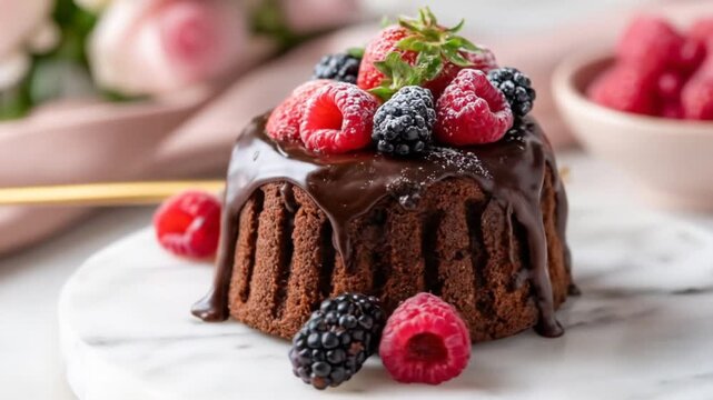 Delightful chocolate cake, elegantly presented with fresh berries and mint leaves, showcasing a rich chocolate ganache dripping over the moist dessert, placed on a white marble surface next to a...