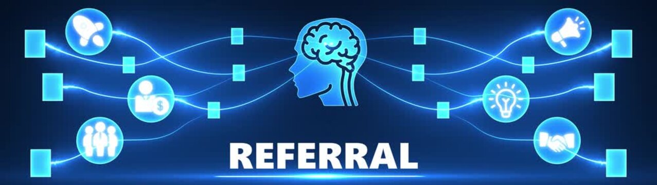Referral Program Network Concept with Brain and Icons on Blue Gradient Background image photo