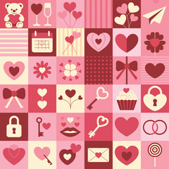 Valentine's Day themed collage with hearts teddy bear cupcake and romantic symbols