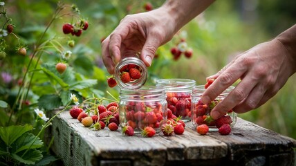 Filling tiny jars with wild strawberries