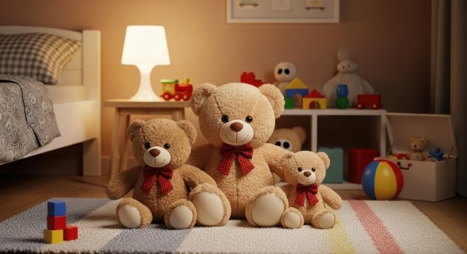 Three Adorable Plush Teddy Bears with Red Bows Sitting Together in a Cozy Room